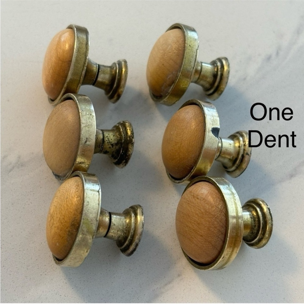 SET of SIX brass and wood drawer knobs pulls round handles brass wood inset knob - Picture 3 of 12